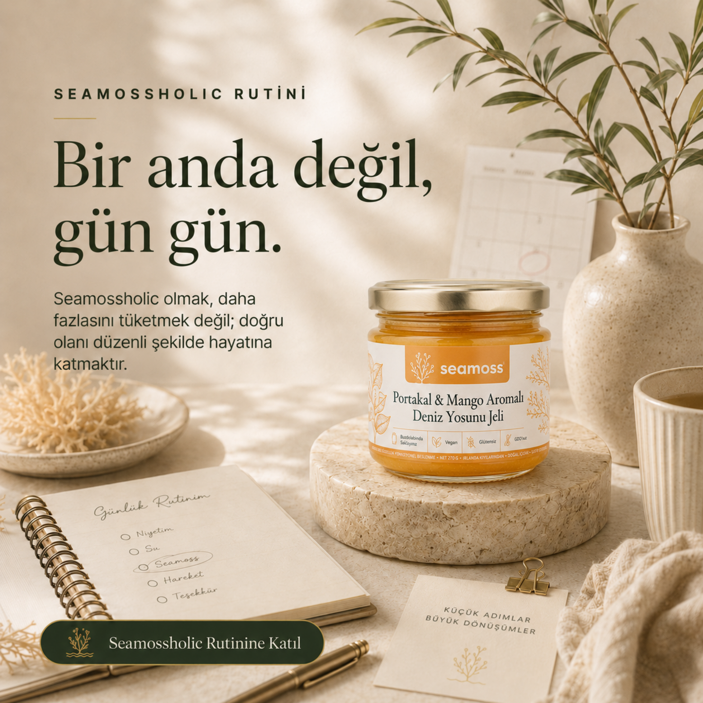 Seamossholic günlük rutin kartı ve Portakal & Mango Aromalı Deniz Yosunu Jeli kavanozu masa görseli