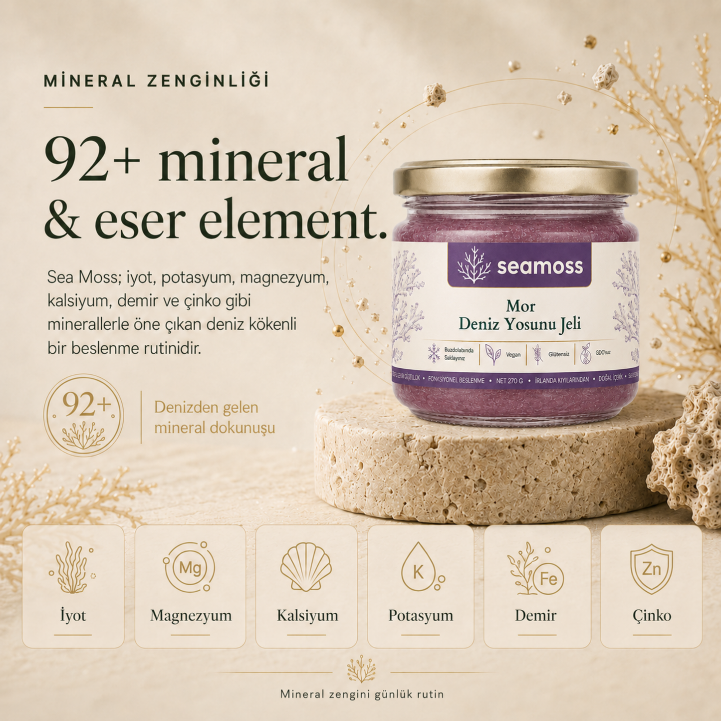 Mor Deniz Yosunu Jeli için 92+ mineral ve eser element infografiği: demir, magnezyum, kalsiyum, potasyum, iyot, çinko