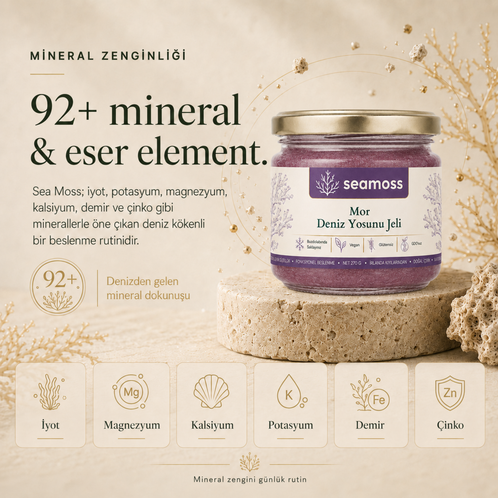 Mor Deniz Yosunu Jeli için 92+ mineral ve eser element infografiği: demir, magnezyum, kalsiyum, potasyum, iyot, çinko