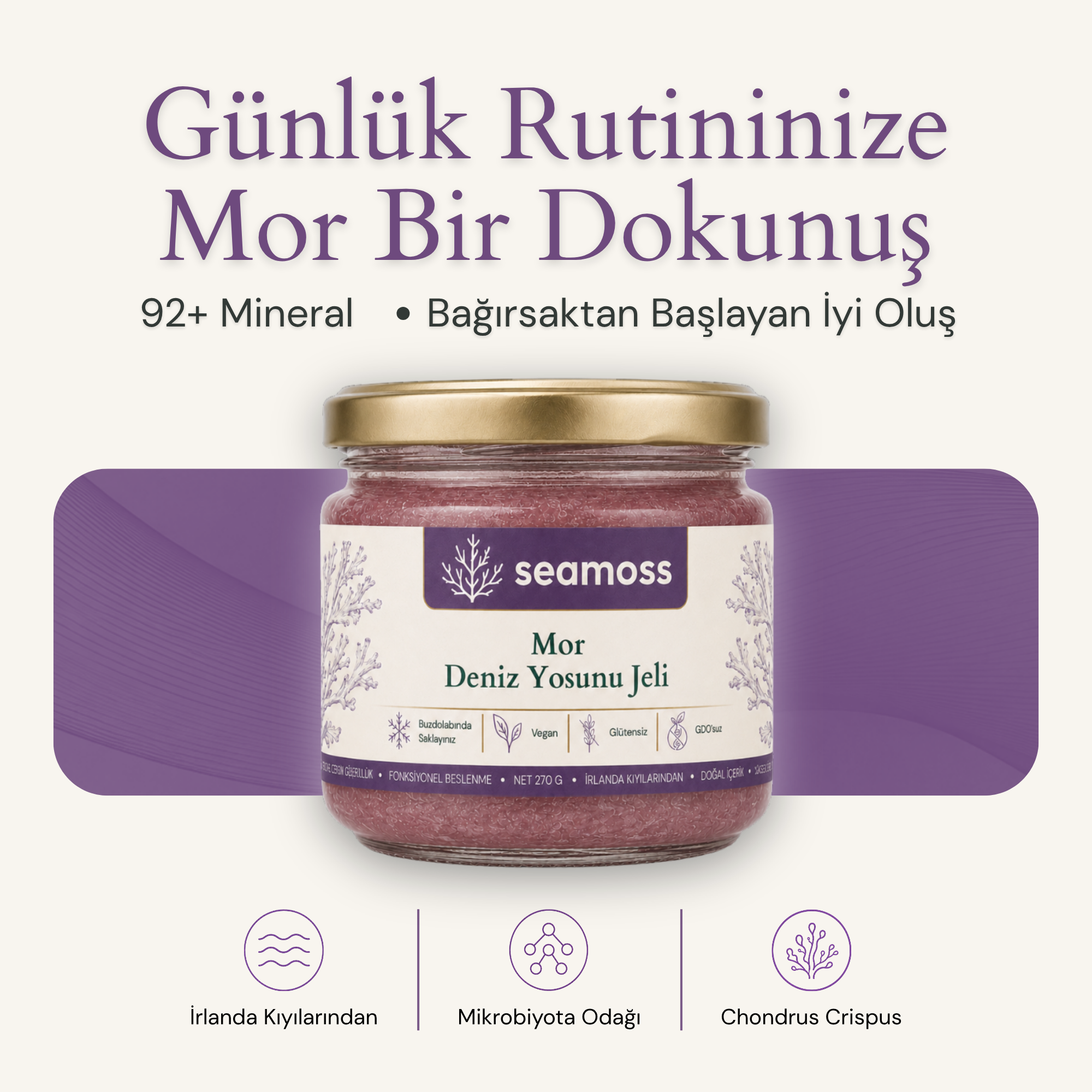 Seamoss Mor Deniz Yosunu Jeli kavanozu — "92+ mineral, bağırsaktan başlayan iyi oluş" başlıklı kapak görseli