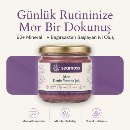 Seamoss Mor Deniz Yosunu Jeli kavanozu — "92+ mineral, bağırsaktan başlayan iyi oluş" başlıklı kapak görseli
