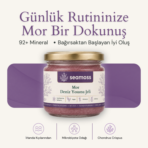 Seamoss Mor Deniz Yosunu Jeli kavanozu — "92+ mineral, bağırsaktan başlayan iyi oluş" başlıklı kapak görseli