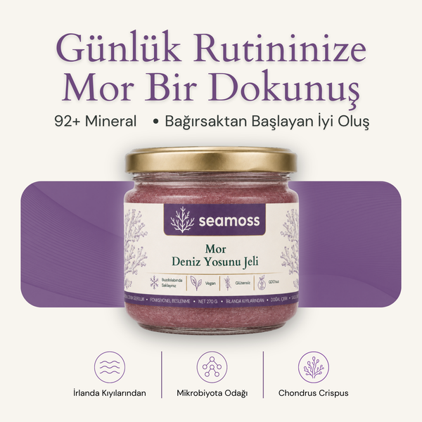 Seamoss Mor Deniz Yosunu Jeli kavanozu — "92+ mineral, bağırsaktan başlayan iyi oluş" başlıklı kapak görseli