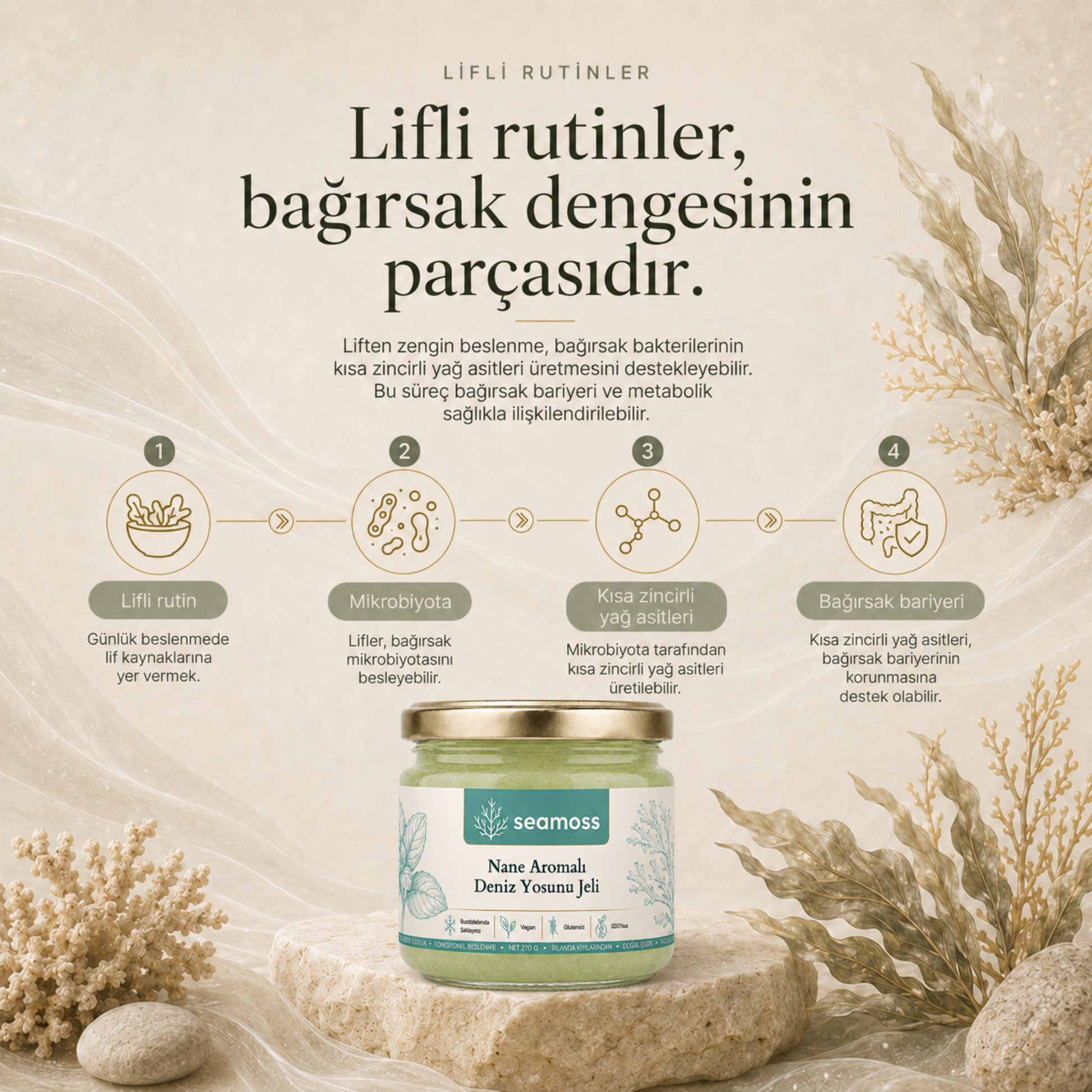 Lifli rutinlerin bağırsak dengesine katkısını anlatan infografik, Nane Aromalı Deniz Yosunu Jeli