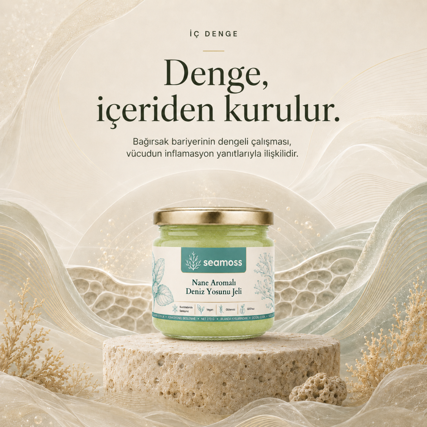 "Denge içeriden kurulur" temalı sakin görsel, Nane Aromalı Deniz Yosunu Jeli kavanozu (yeşil jel)