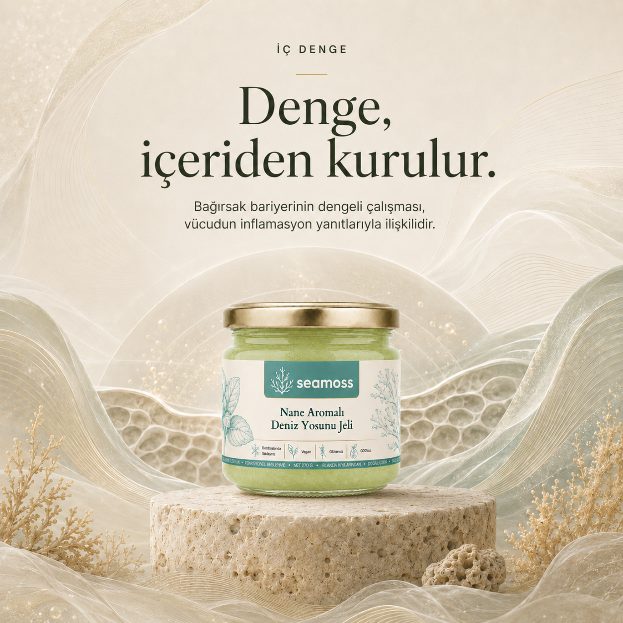 "Denge içeriden kurulur" temalı sakin görsel, Nane Aromalı Deniz Yosunu Jeli kavanozu (yeşil jel)