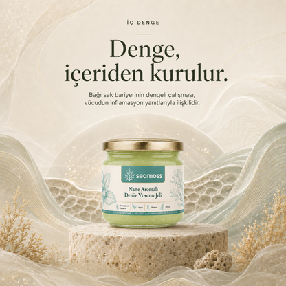 "Denge içeriden kurulur" temalı sakin görsel, Nane Aromalı Deniz Yosunu Jeli kavanozu (yeşil jel)