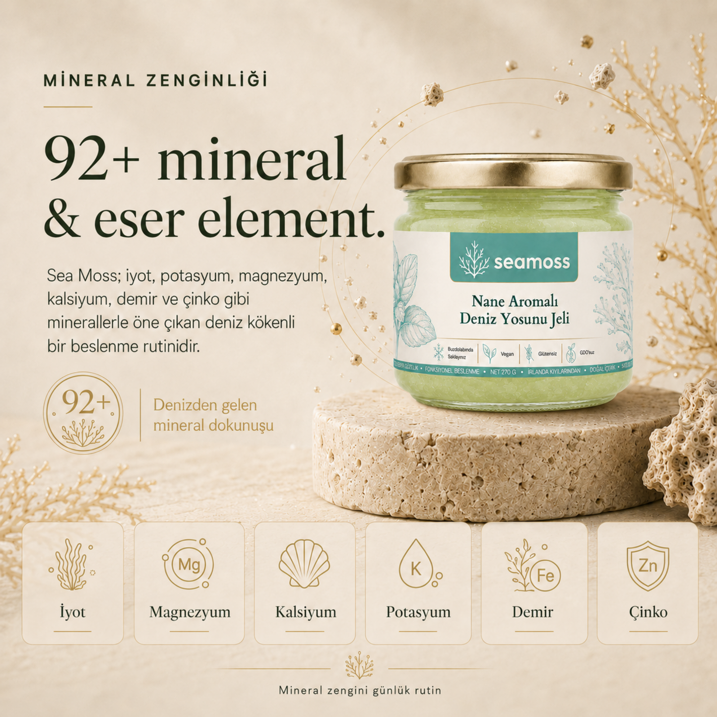 Nane Aromalı Deniz Yosunu Jeli için 92+ mineral ve eser element infografiği: demir, magnezyum, kalsiyum, potasyum, iyot, çinko