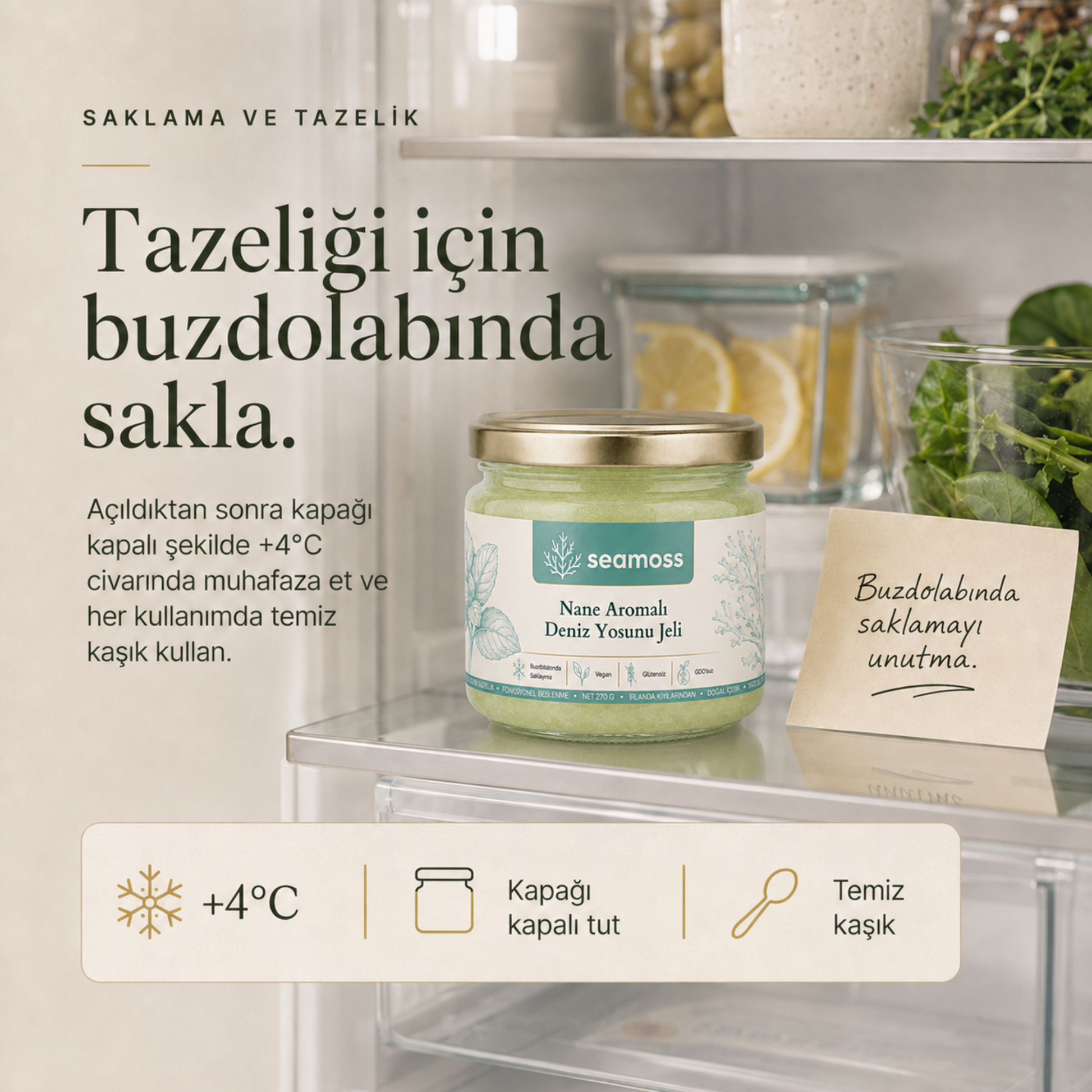 Nane Aromalı Deniz Yosunu Jeli için tazelik amaçlı +4°C buzdolabında saklama talimatı görseli