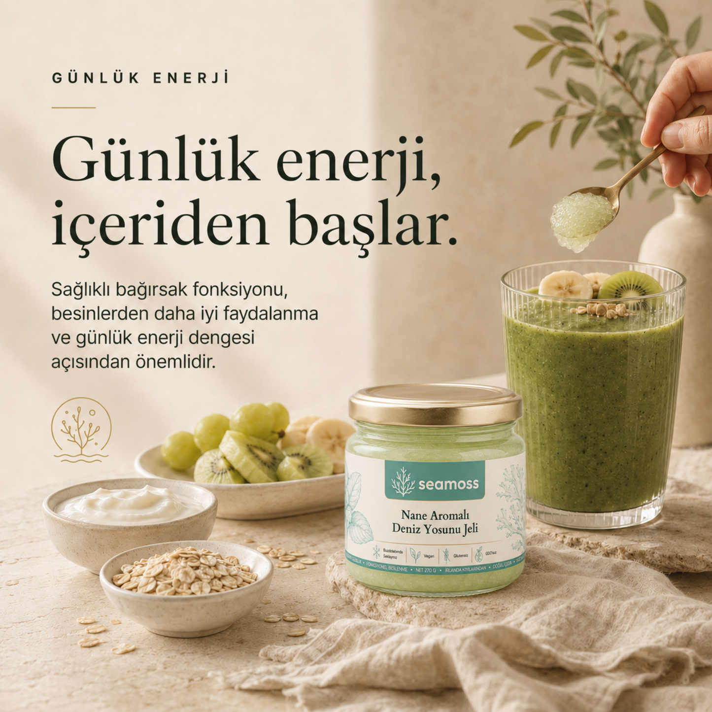 Yeşil smoothie ile günlük enerji temalı görsel, Nane Aromalı Deniz Yosunu Jeli