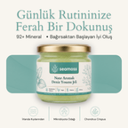 Seamoss Nane Aromalı Deniz Yosunu Jeli kavanozu — "92+ mineral, bağırsaktan başlayan iyi oluş" başlıklı kapak görseli