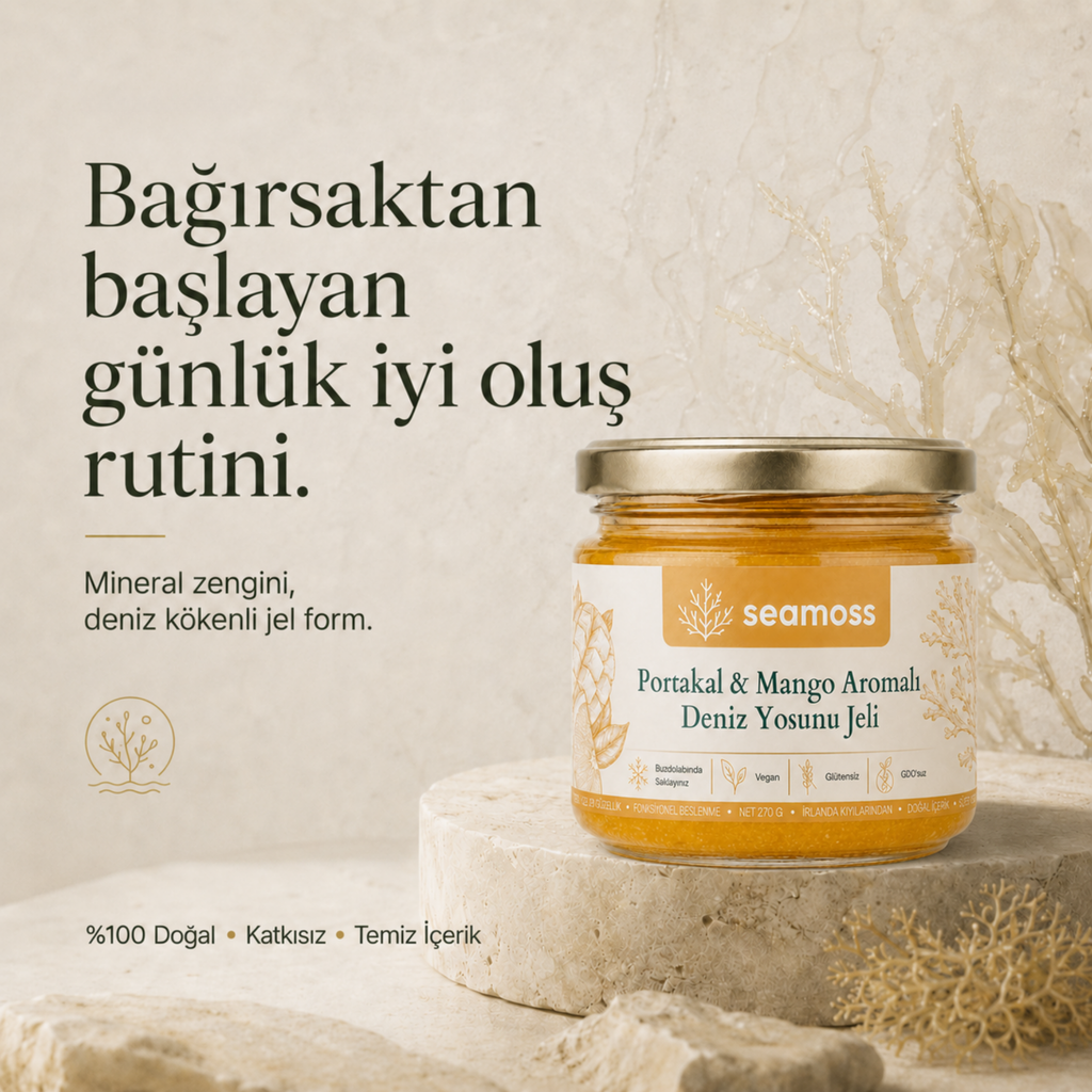 Portakal & Mango Aromalı Deniz Yosunu Jeli kavanozu sade arka planda; günlük iyi oluş rutini tanıtımı