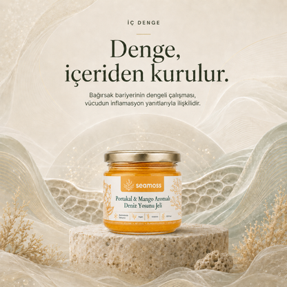 "Denge içeriden kurulur" temalı sakin görsel, Portakal & Mango Aromalı Deniz Yosunu Jeli kavanozu (turuncu jel)