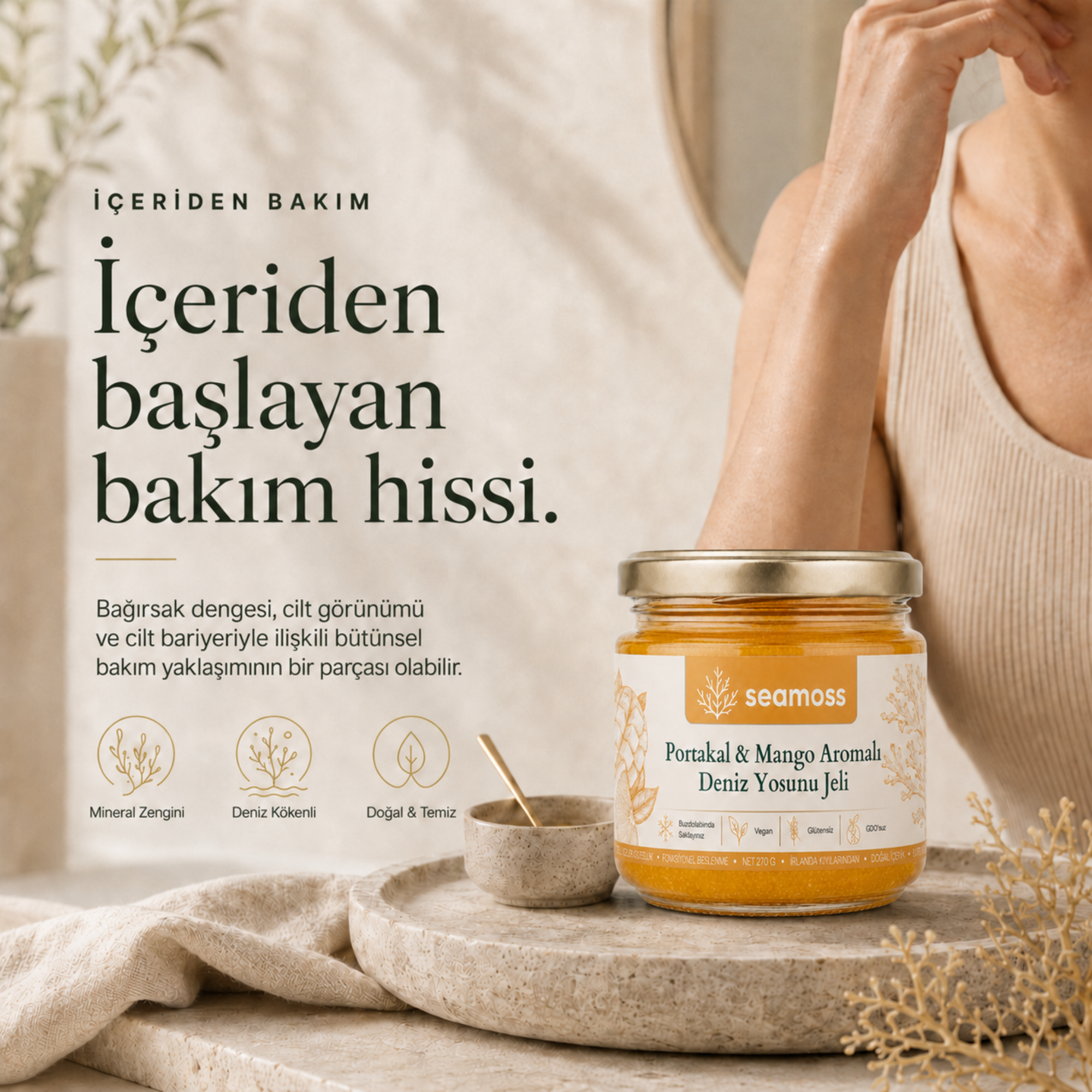 İçeriden başlayan bakım temalı yaşam tarzı görseli, Portakal & Mango Aromalı Deniz Yosunu Jeli
