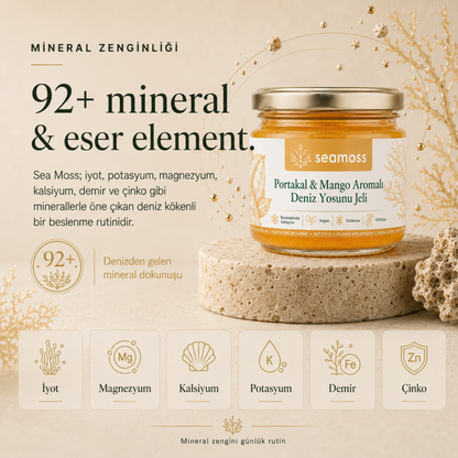 Portakal & Mango Aromalı Deniz Yosunu Jeli için 92+ mineral ve eser element infografiği: demir, magnezyum, kalsiyum, potasyum, iyot, çinko