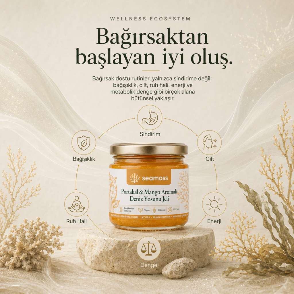 Portakal & Mango Aromalı Deniz Yosunu Jeli ile bağırsaktan başlayan iyi oluş faydaları diyagramı