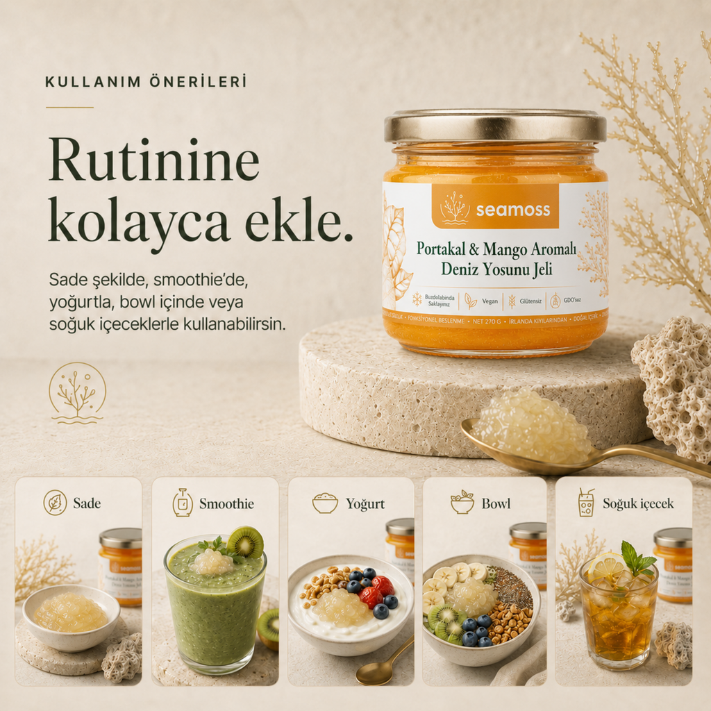 Portakal & Mango Aromalı Deniz Yosunu Jeli kullanım önerileri: suya, smoothie'ye, yoğurda, bowl'a veya tatlıya ekleme