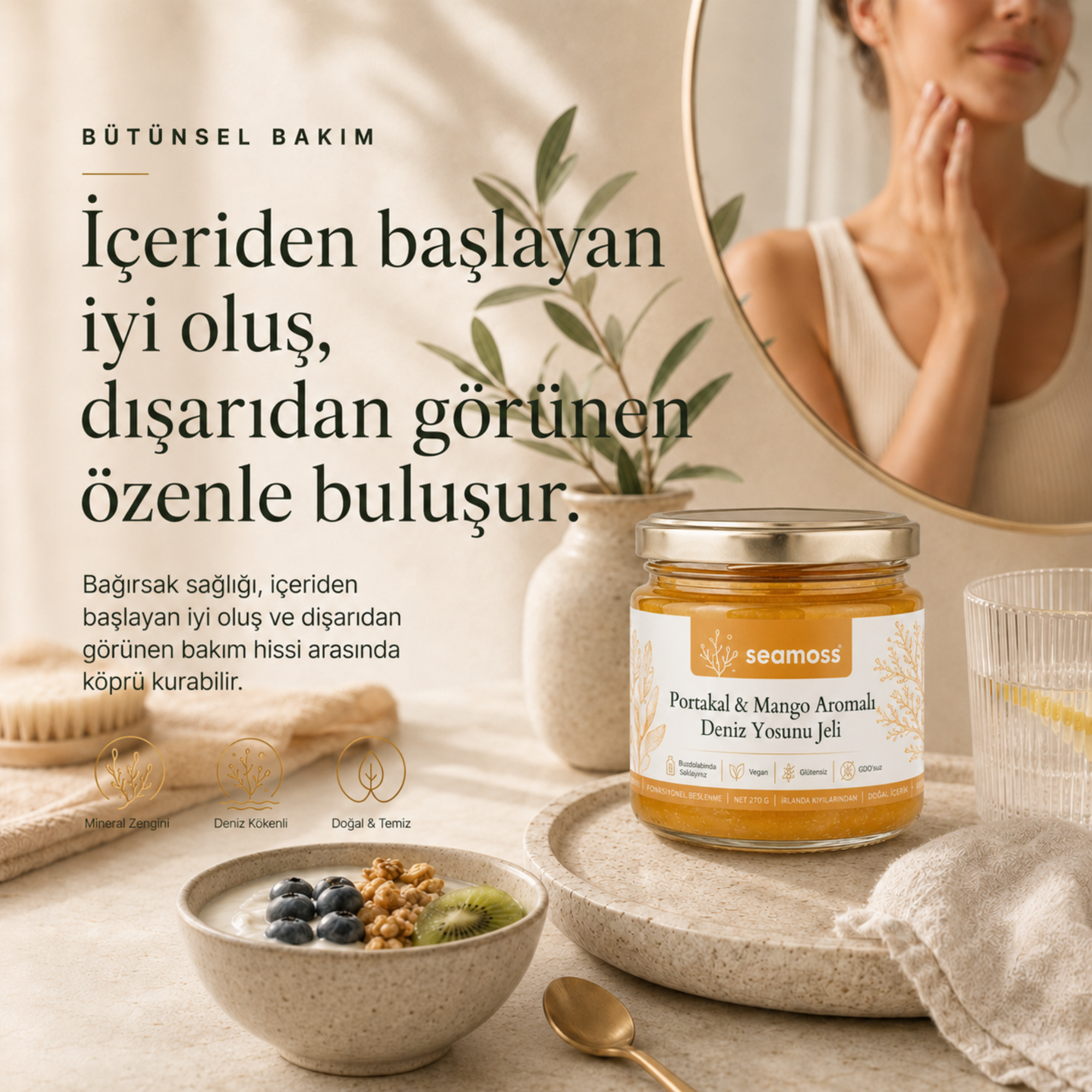 Meyveli kâse ile doğal yaşam tarzı görseli, Portakal & Mango Aromalı Deniz Yosunu Jeli