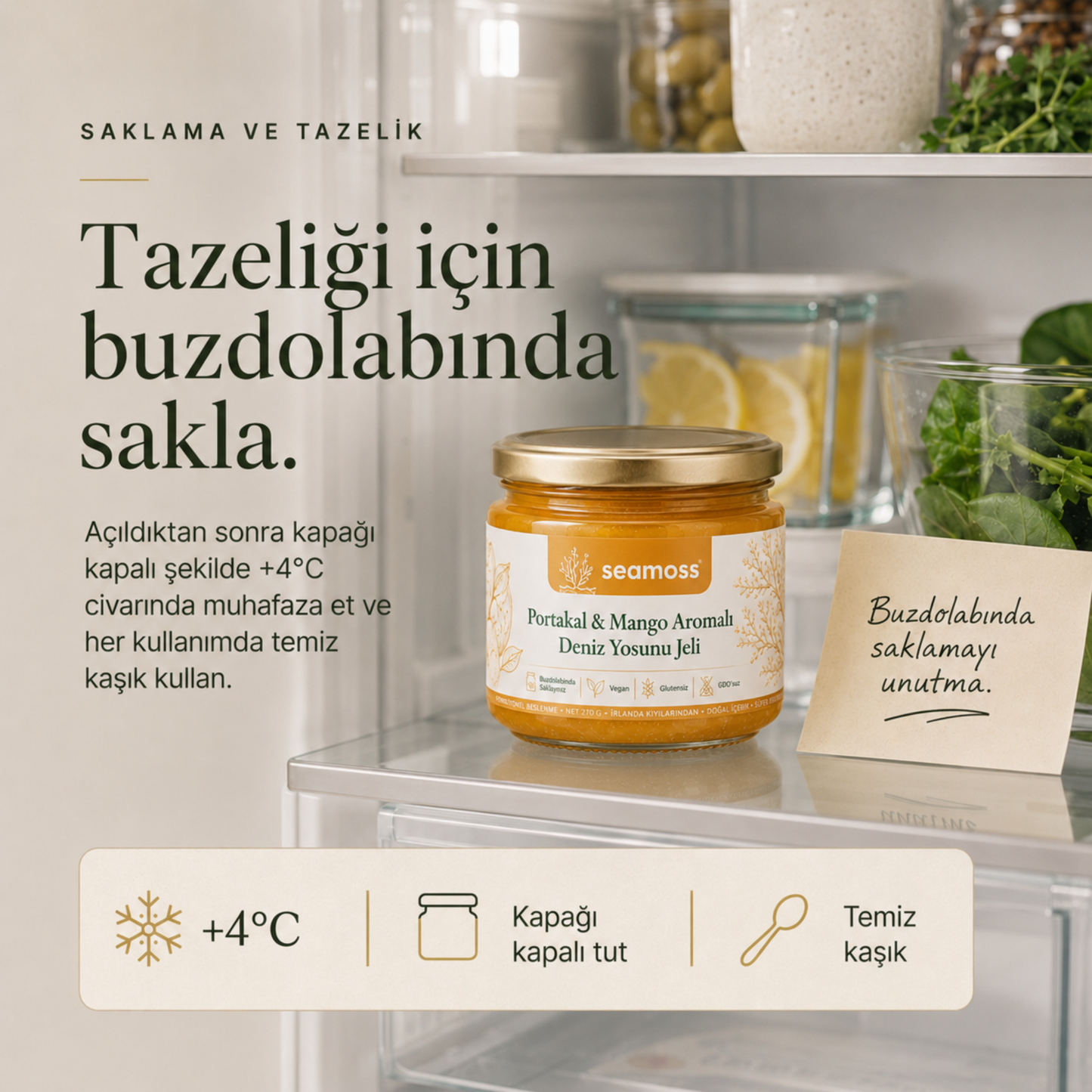 Portakal & Mango Aromalı Deniz Yosunu Jeli için tazelik amaçlı +4°C buzdolabında saklama talimatı görseli