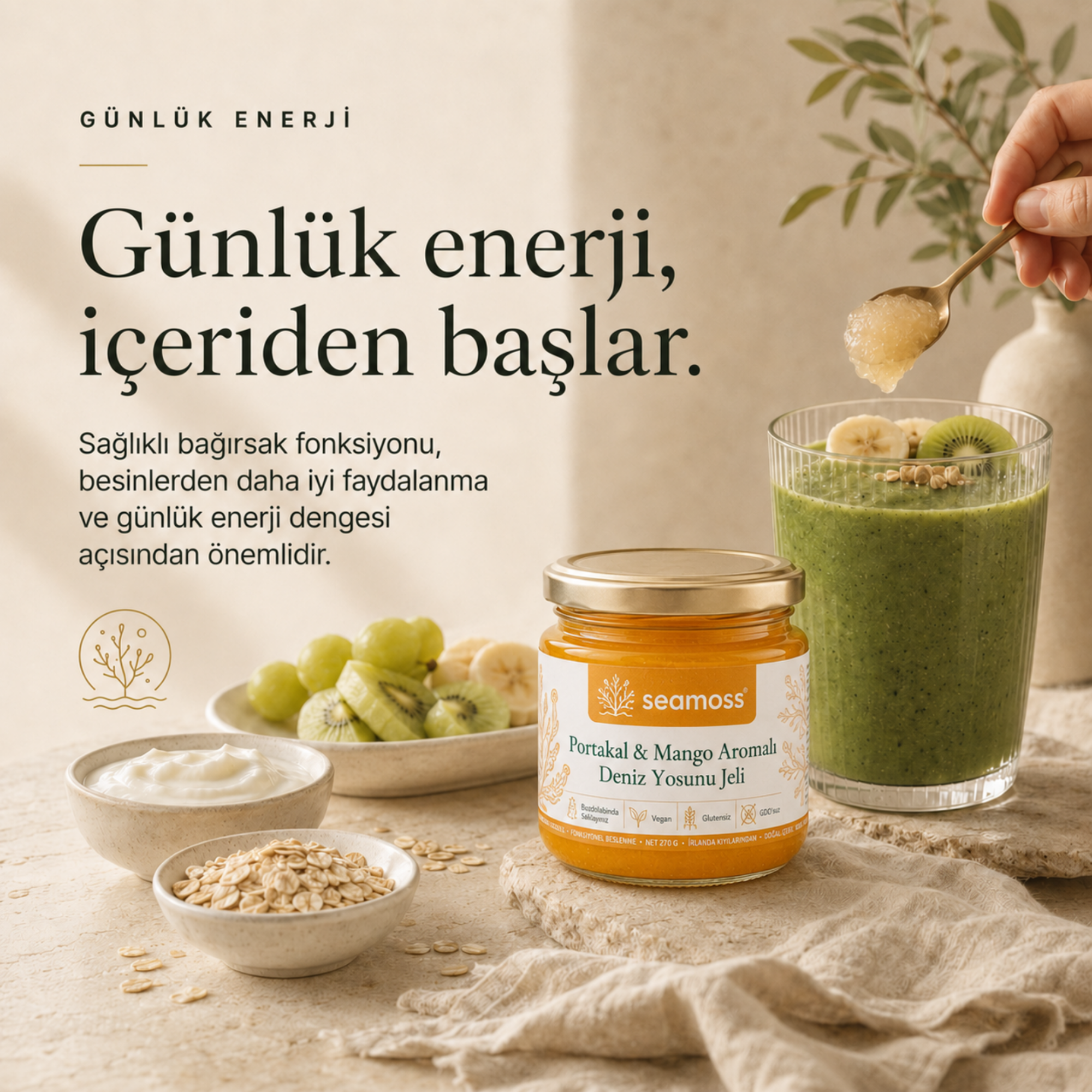Yeşil smoothie ile günlük enerji temalı görsel, Portakal & Mango Aromalı Deniz Yosunu Jeli