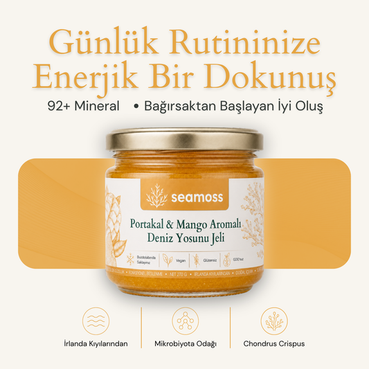Seamoss Portakal & Mango Aromalı Deniz Yosunu Jeli kavanozu — "92+ mineral, bağırsaktan başlayan iyi oluş" başlıklı kapak görseli