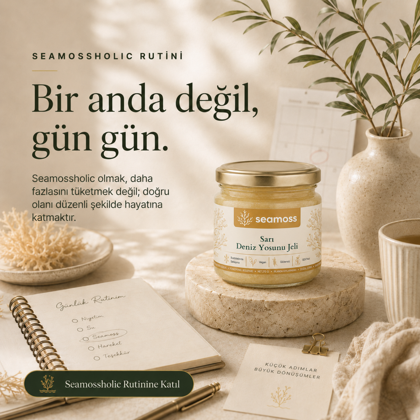 Seamossholic günlük rutin kartı ve Sarı Deniz Yosunu Jeli kavanozu masa görseli