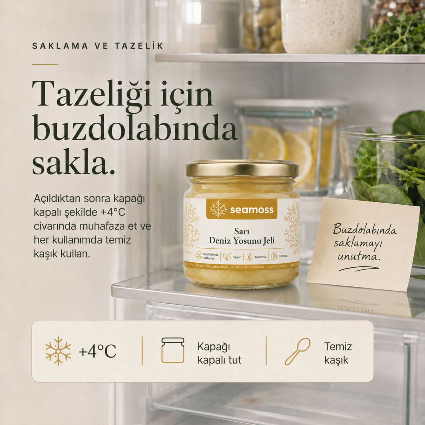 Sarı Deniz Yosunu Jeli için tazelik amaçlı +4°C buzdolabında saklama talimatı görseli