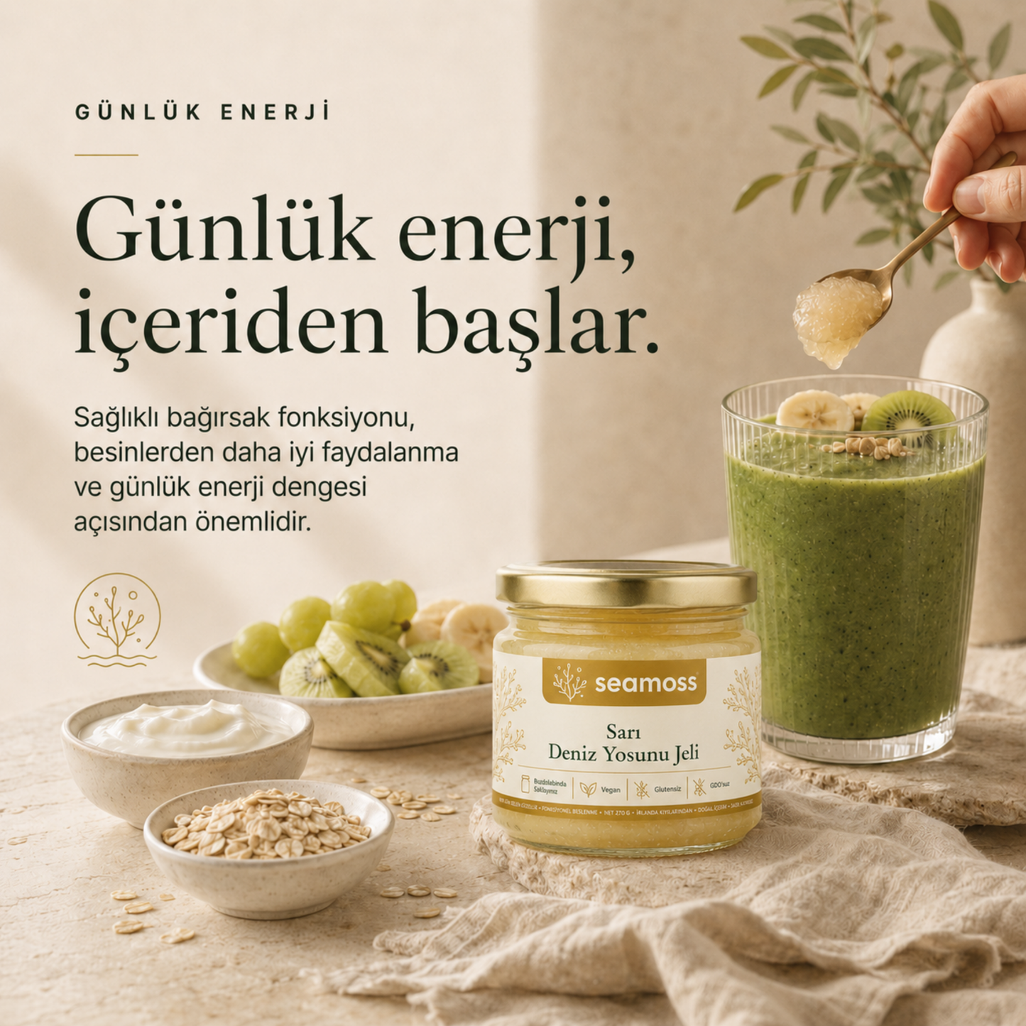 Yeşil smoothie ile günlük enerji temalı görsel, Sarı Deniz Yosunu Jeli