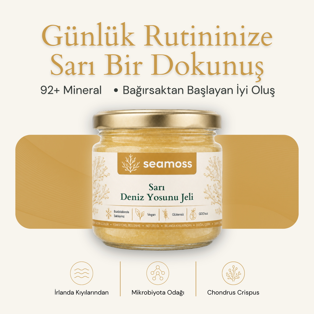 Seamoss Sarı Deniz Yosunu Jeli kavanozu — "92+ mineral, bağırsaktan başlayan iyi oluş" başlıklı kapak görseli