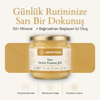Seamoss Sarı Deniz Yosunu Jeli kavanozu — "92+ mineral, bağırsaktan başlayan iyi oluş" başlıklı kapak görseli