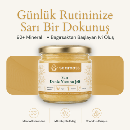 Seamoss Sarı Deniz Yosunu Jeli kavanozu — "92+ mineral, bağırsaktan başlayan iyi oluş" başlıklı kapak görseli