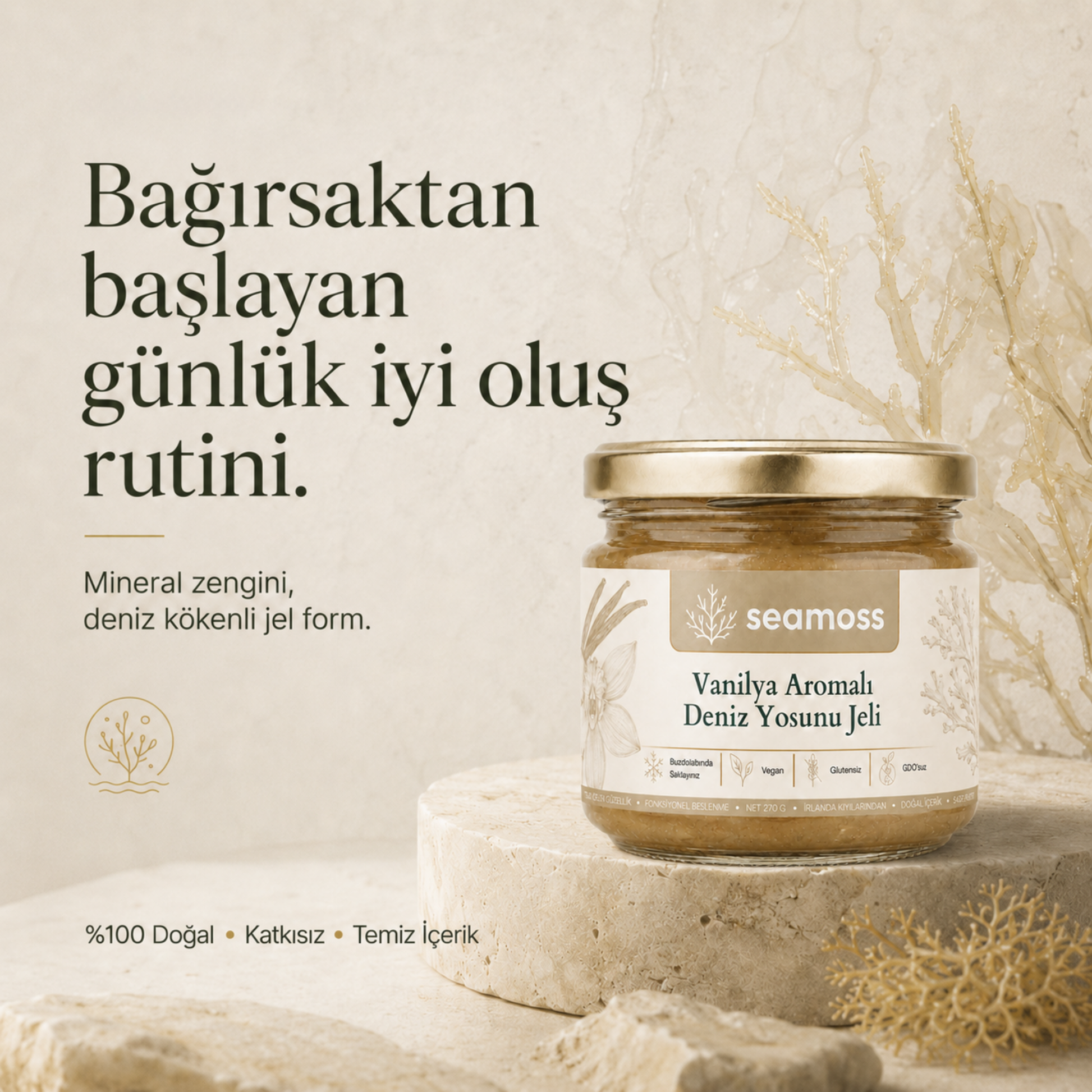 Vanilya Aromalı Deniz Yosunu Jeli kavanozu sade arka planda; günlük iyi oluş rutini tanıtımı