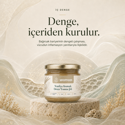 "Denge içeriden kurulur" temalı sakin görsel, Vanilya Aromalı Deniz Yosunu Jeli kavanozu (krem rengi jel)
