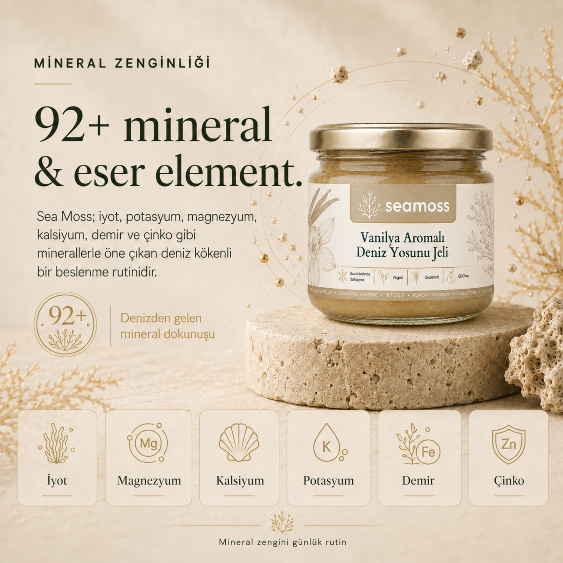 Vanilya Aromalı Deniz Yosunu Jeli için 92+ mineral ve eser element infografiği: demir, magnezyum, kalsiyum, potasyum, iyot, çinko