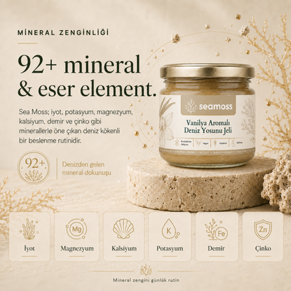 Vanilya Aromalı Deniz Yosunu Jeli için 92+ mineral ve eser element infografiği: demir, magnezyum, kalsiyum, potasyum, iyot, çinko