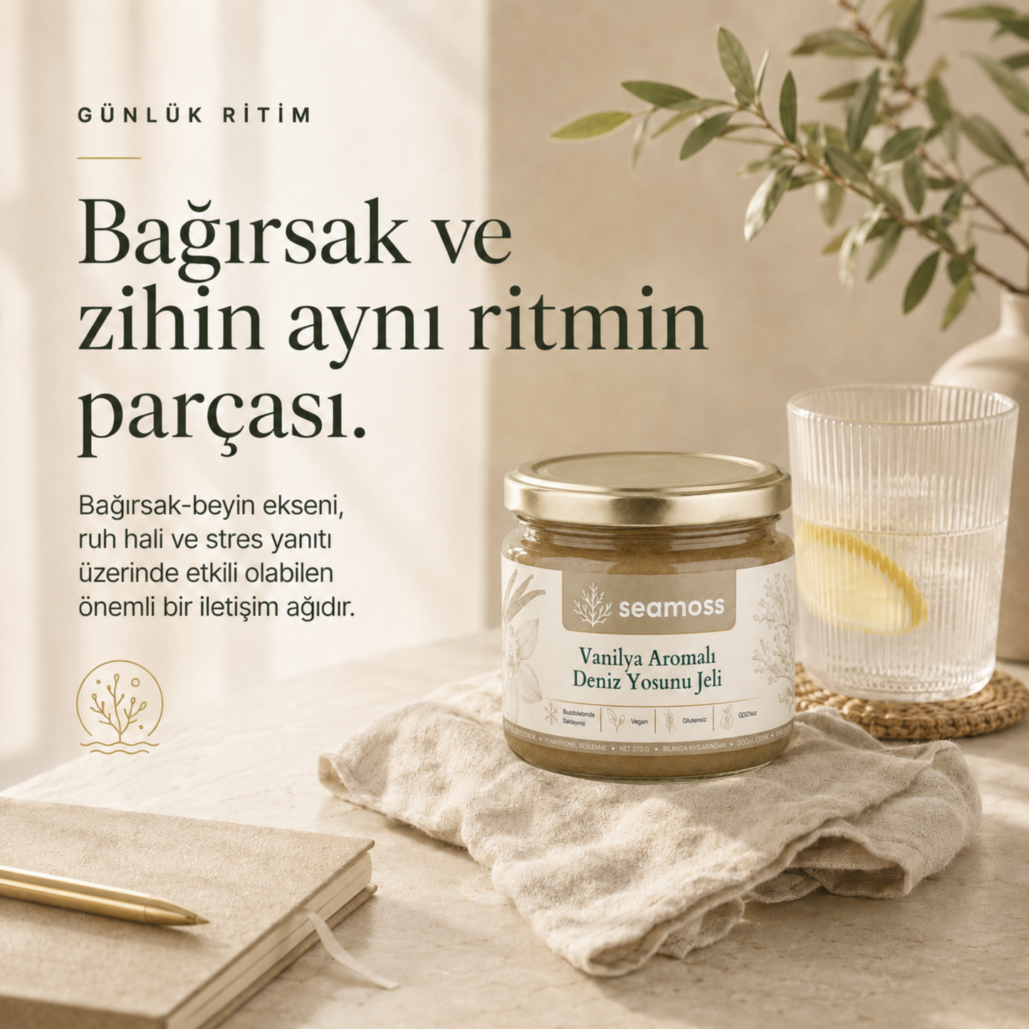 Bağırsak ve zihin dengesi temalı yaşam tarzı görseli, Vanilya Aromalı Deniz Yosunu Jeli