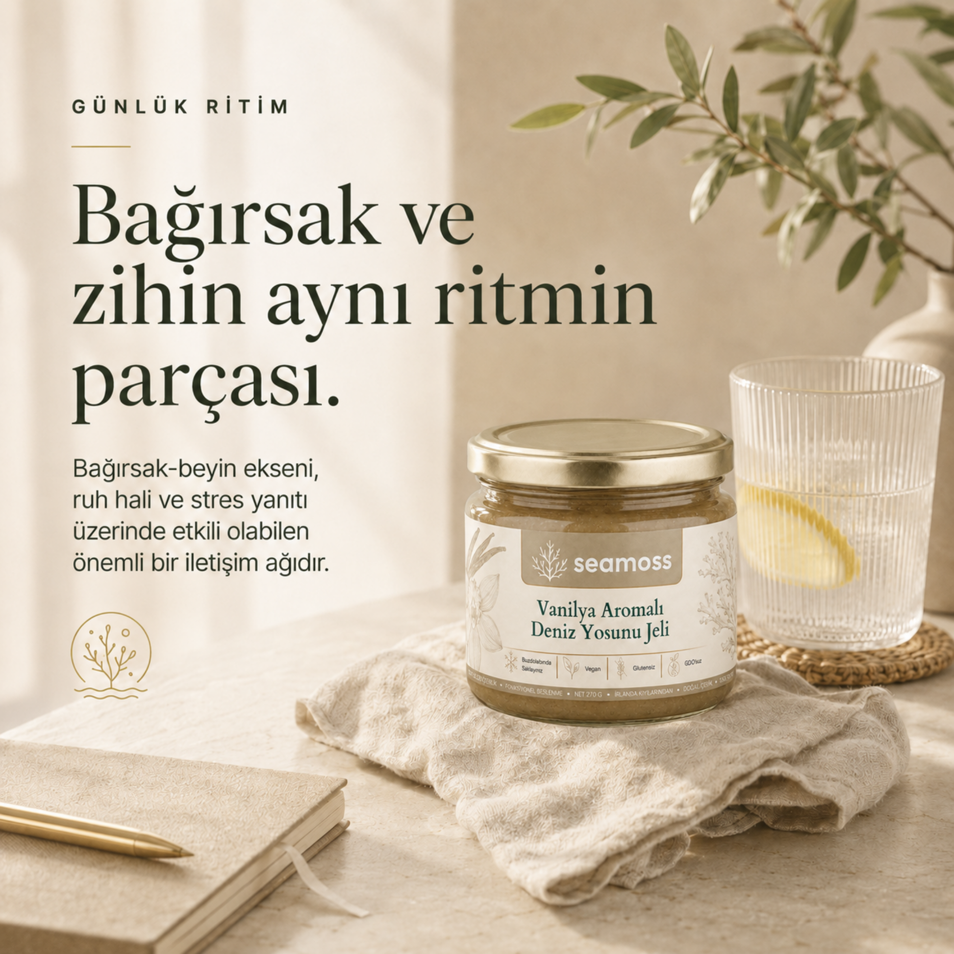 Bağırsak ve zihin dengesi temalı yaşam tarzı görseli, Vanilya Aromalı Deniz Yosunu Jeli