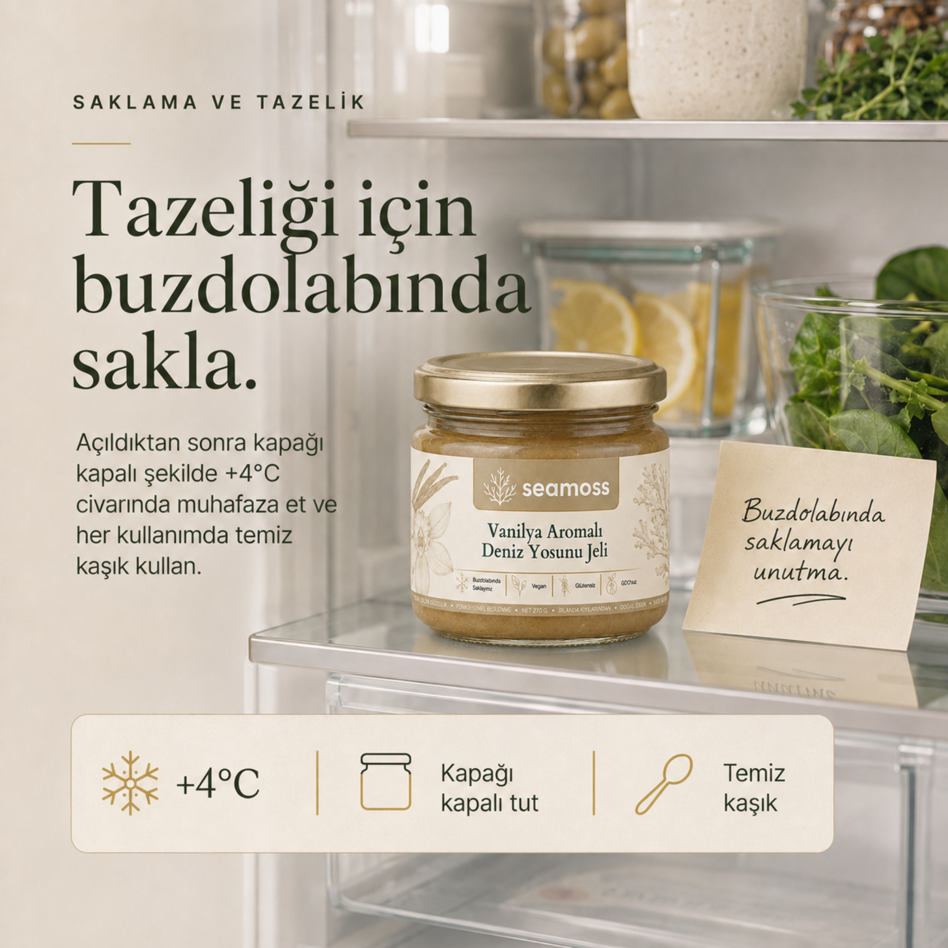 Vanilya Aromalı Deniz Yosunu Jeli için tazelik amaçlı +4°C buzdolabında saklama talimatı görseli