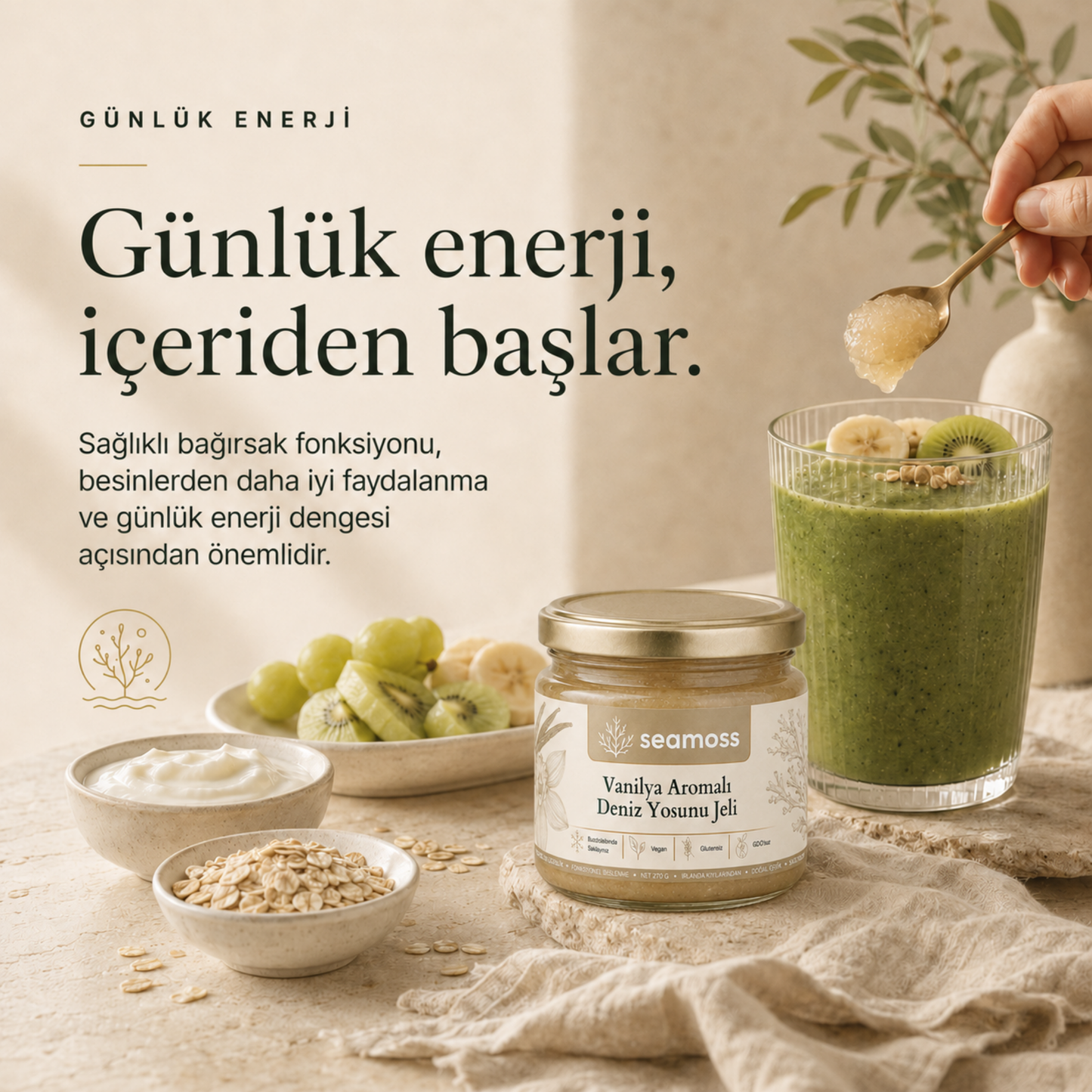 Yeşil smoothie ile günlük enerji temalı görsel, Vanilya Aromalı Deniz Yosunu Jeli