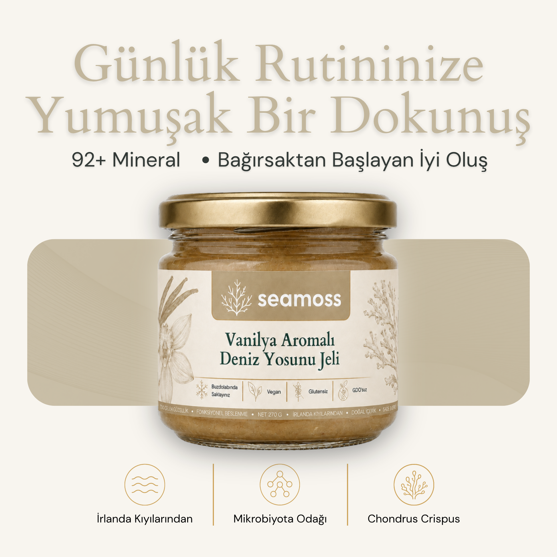 Seamoss Vanilya Aromalı Deniz Yosunu Jeli kavanozu — "92+ mineral, bağırsaktan başlayan iyi oluş" başlıklı kapak görseli