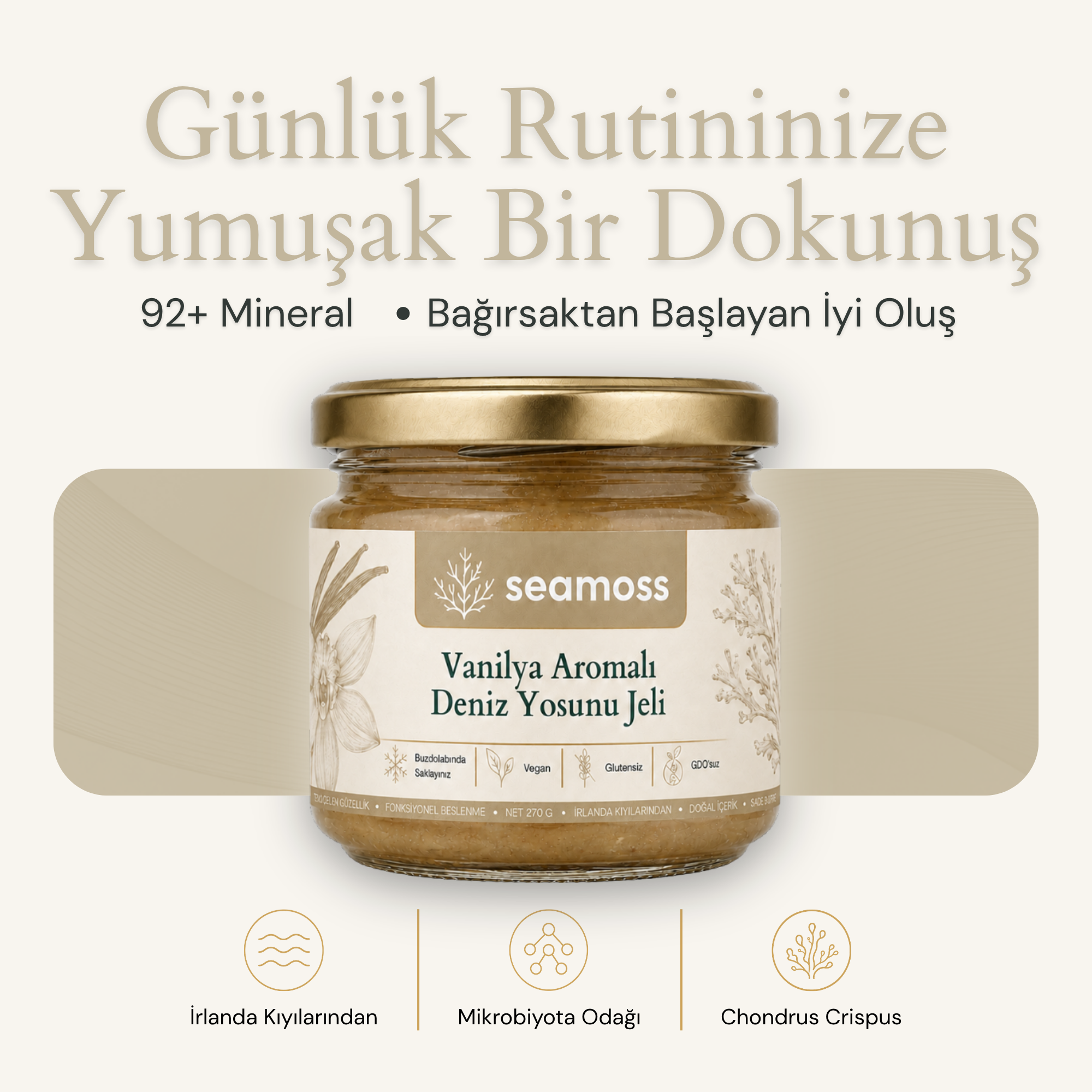 Seamoss Vanilya Aromalı Deniz Yosunu Jeli kavanozu — "92+ mineral, bağırsaktan başlayan iyi oluş" başlıklı kapak görseli