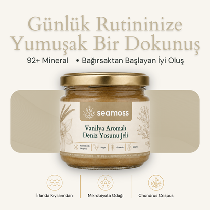 Seamoss Vanilya Aromalı Deniz Yosunu Jeli kavanozu — "92+ mineral, bağırsaktan başlayan iyi oluş" başlıklı kapak görseli