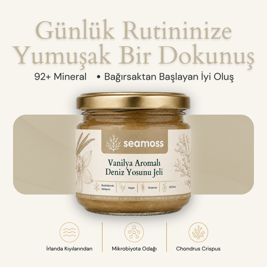 Seamoss Vanilya Aromalı Deniz Yosunu Jeli kavanozu — "92+ mineral, bağırsaktan başlayan iyi oluş" başlıklı kapak görseli